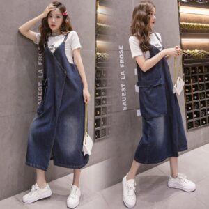 Korean Style Loose Casual Denim Suspender Skirt Mid-length