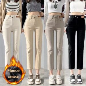 Autumn And Winter Stretch Fleece Ankle-tied Straight Jeans Women's Cropped Pants Small