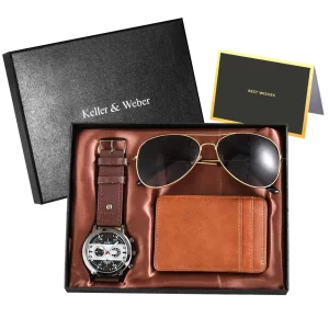 New Men's Quartz Watch Wallet Sunglasses Combination Gift Set Box