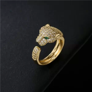 Hip Hop Trendy Jewelry  Brass Cz Panther Head Ring Adjustable Fashion Atmosphere Leopard Micro Inlaid Zircon Animal Ring