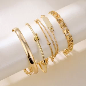 VKME Vintage Gold Plated 4Pcs Link Chain Bracelets Bangles Set High Polished Charm Gold Bracelet