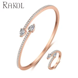 RAKOL SP3174 classic diamond adjustable bracelet and rings jewelry set gold plated wedding accessories women fine jewelry set