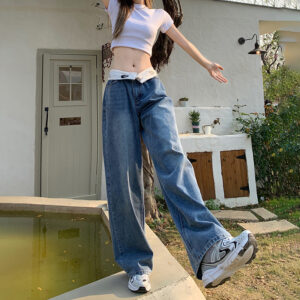 Niche Retro High Waist Flip All-match Draping Loose Straight Jeans For Women